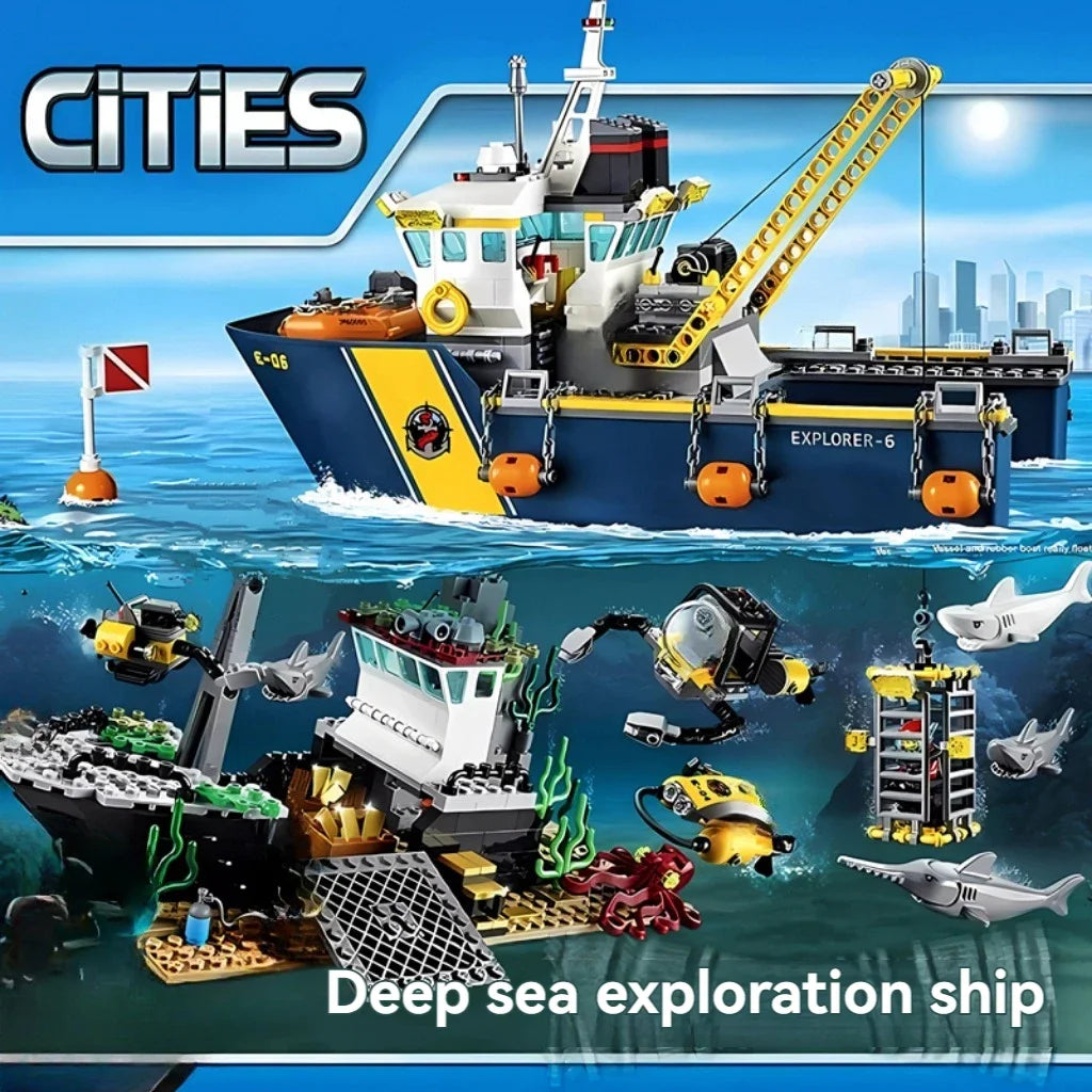 774pcs City Deep Sea Exploration Vessel Submarine Scuba Scooter Shipwreck Shark Building Block Toys Compatible With Model prese