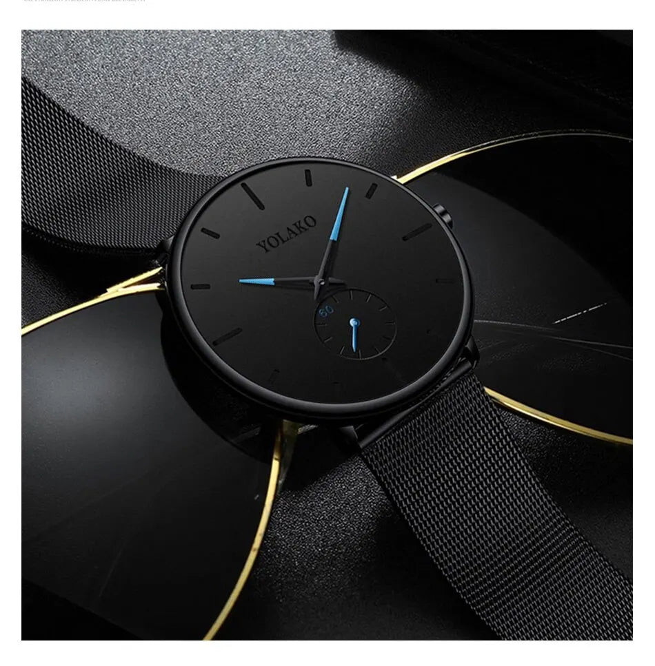 Watch for Men Quartz Watch Business Stainless Steel Mesh Strap Watches Men Popular Black Dial Simple Relojes Para Hombres