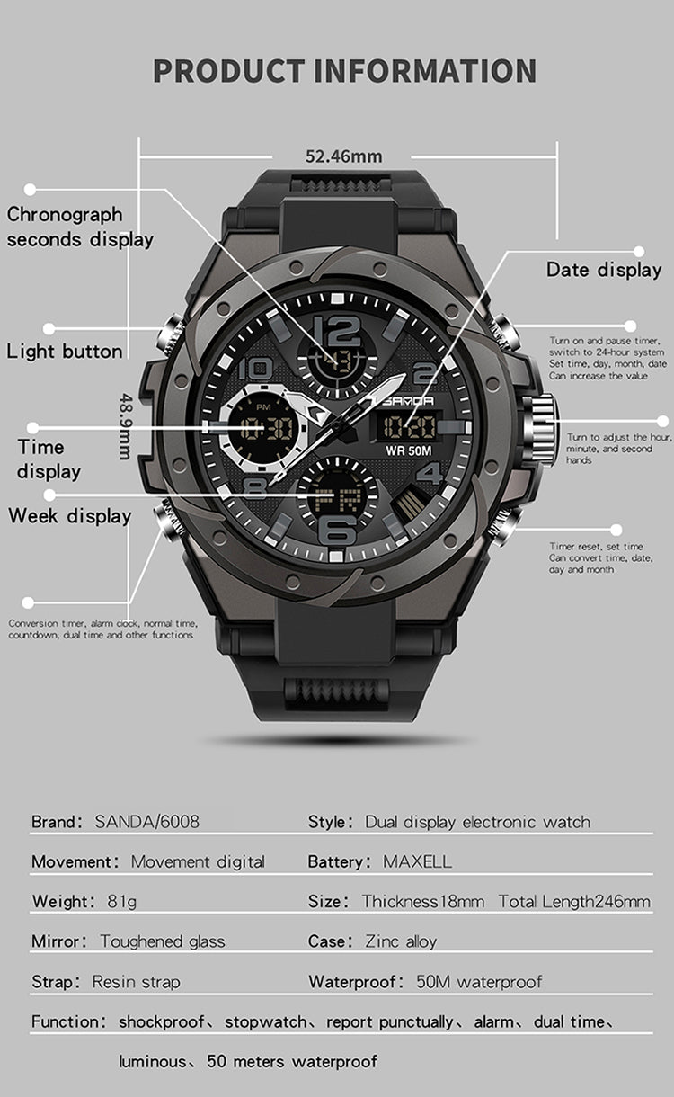 Style Men Sports Watches Dual Display LED Digital Electronic Quartz Wristwatches 50M Waterproof Swimming Military Watch