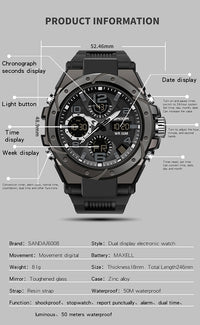 Thumbnail for Style Men Sports Watches Dual Display LED Digital Electronic Quartz Wristwatches 50M Waterproof Swimming Military Watch