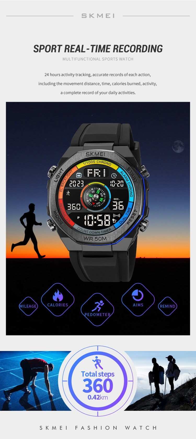 Pedometer Countdown Sport Digital Men 50M Waterproof Calendar Calorie Wristwatch