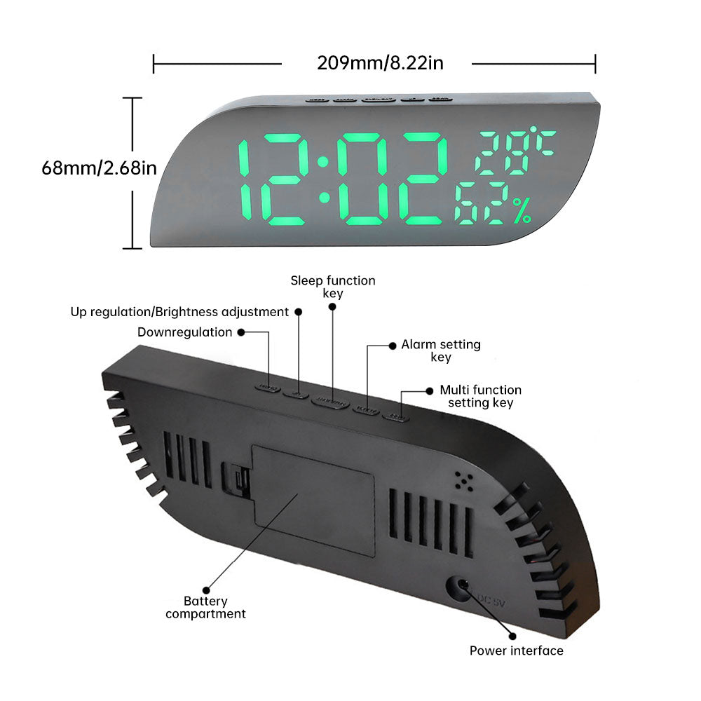LED Mirror Digital Alarm Clock w/ Temp-Humidity & Date