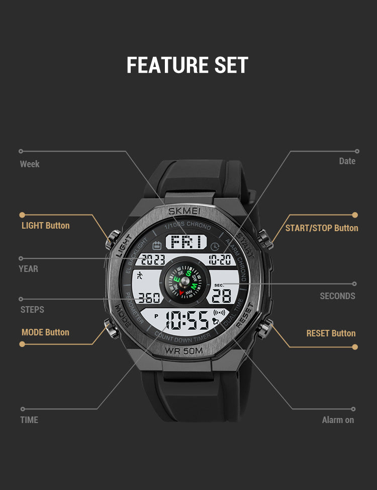 Pedometer Countdown Sport Digital Men 50M Waterproof Calendar Calorie Wristwatch