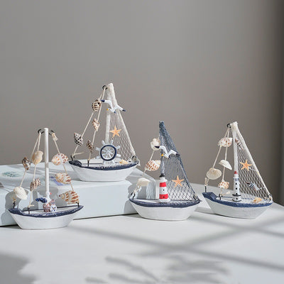 Side view of 4pc 5.51 in White Dark Blue Marine Nautical Wooden Sailboat Model Ornament aviation model ship in diecast metal.