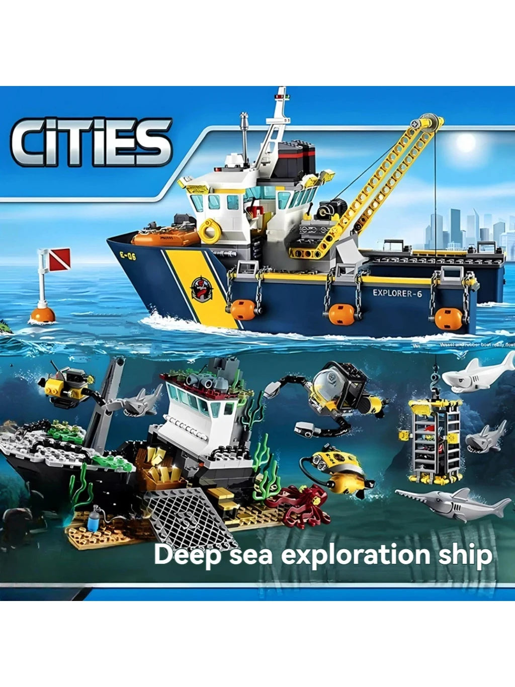 774pcs City Deep Sea Exploration Vessel Submarine Scuba Scooter Shipwreck Shark Building Block Toys Compatible With Model prese