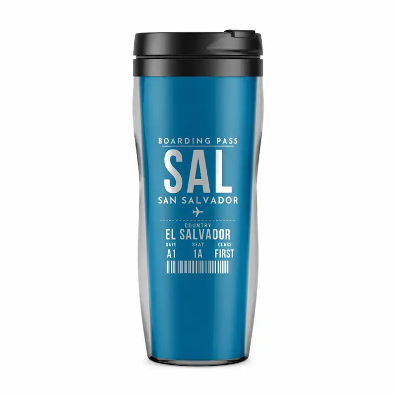 Aeropuerto Internacional de El Salvador San Óscar Arnulfo Romero y Galdámez (SAL) Travel Mugs - Boarding Pass - Plastic (No Holder) - Light Blue