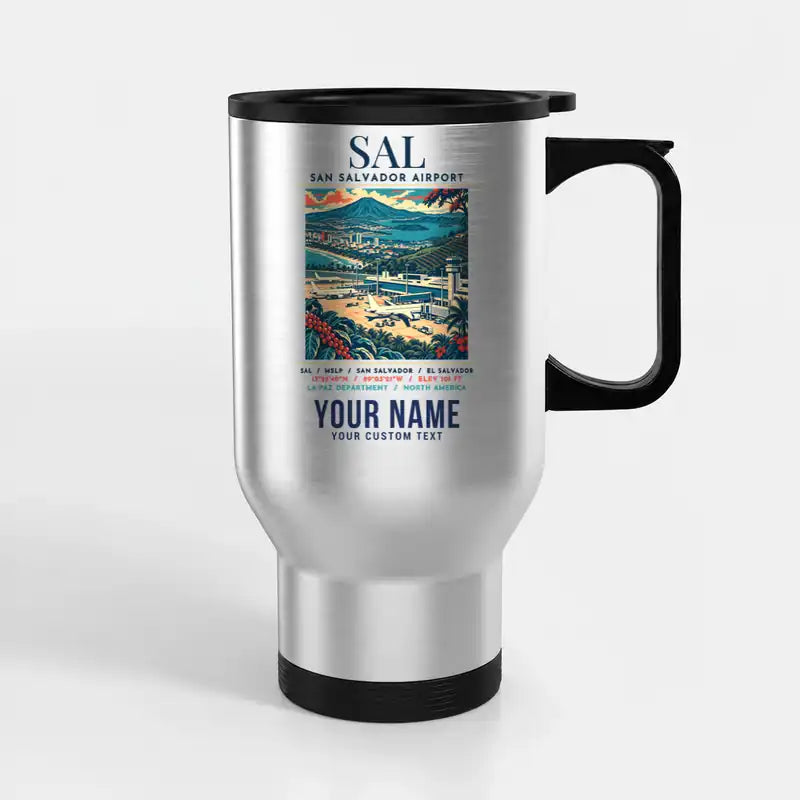 Aeropuerto Internacional de El Salvador San Óscar Arnulfo Romero y Galdámez (SAL) Travel Mugs - Poster + Name - Stainless Steel with Holder - Silver