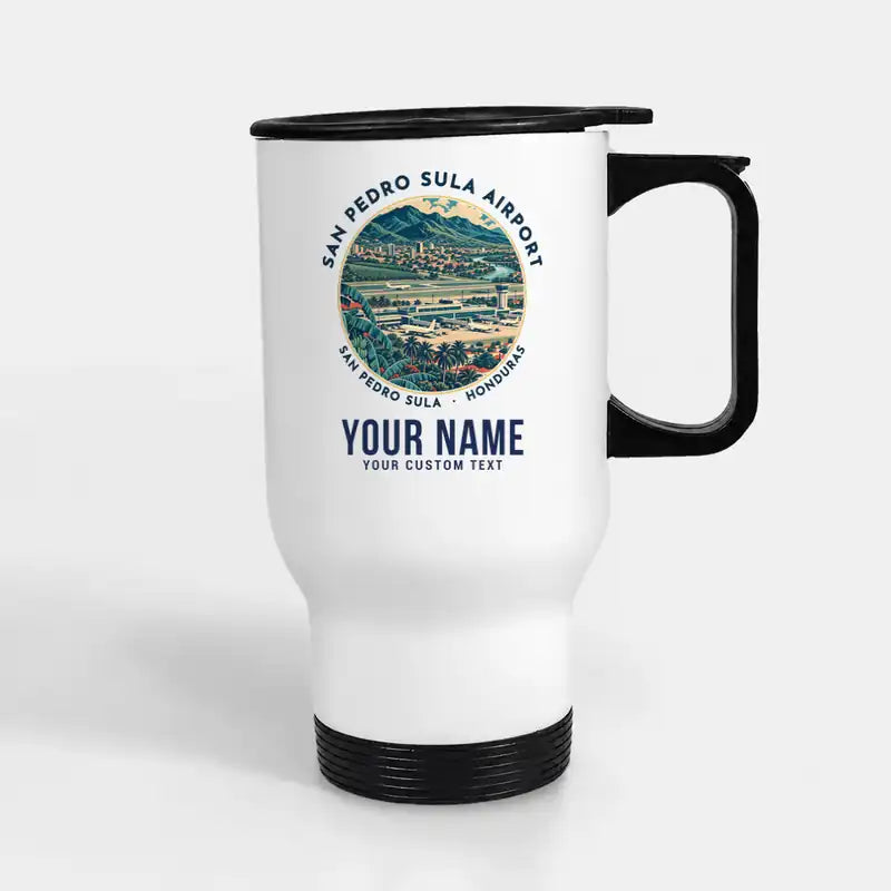 Ramón Villeda Morales International Airport (SAP) Travel Mugs - Badge + Name - Stainless Steel with Holder - White