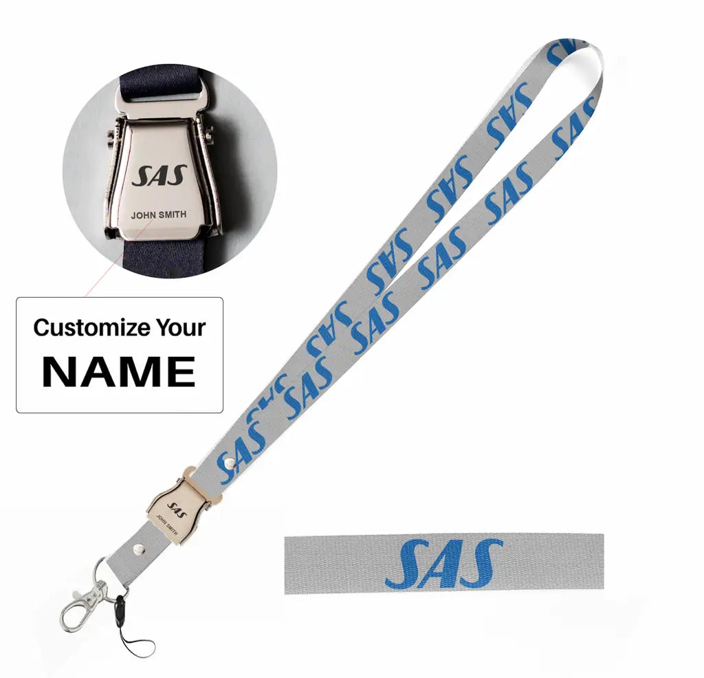 SAS Airlines seat belt lanyard - light gray with name