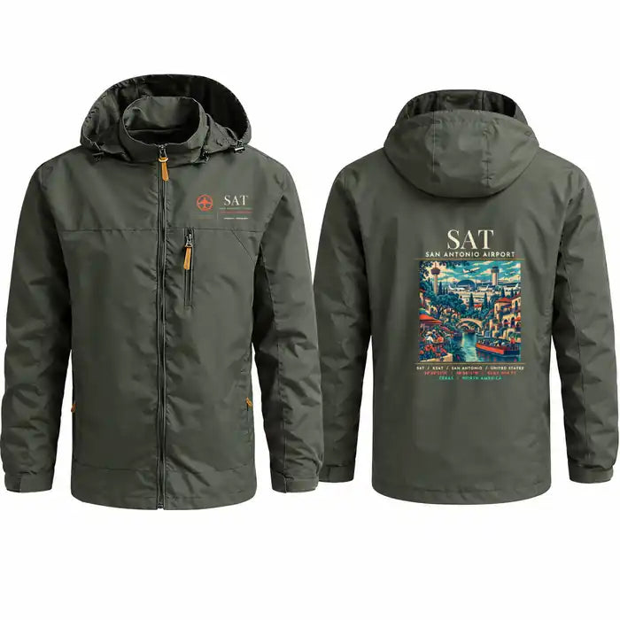 San Antonio International Airport (SAT) Stylish Jackets - Hooded Windbreaker - Poster - Olive Green