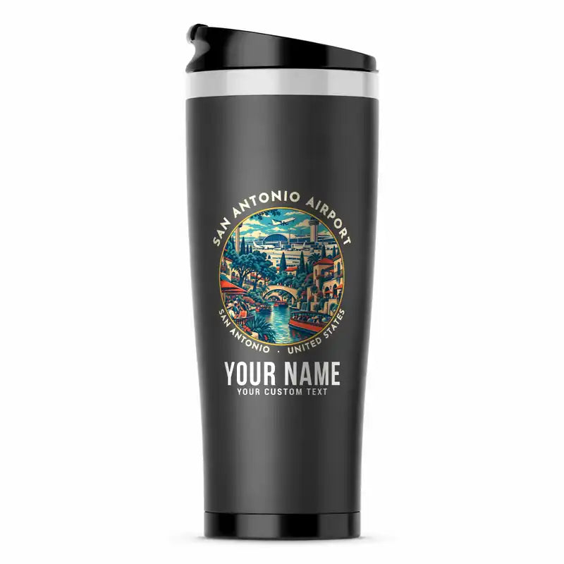 San Antonio International Airport (SAT) Travel Mugs - Badge + Name - Stainless Steel (No Holder) - Gray