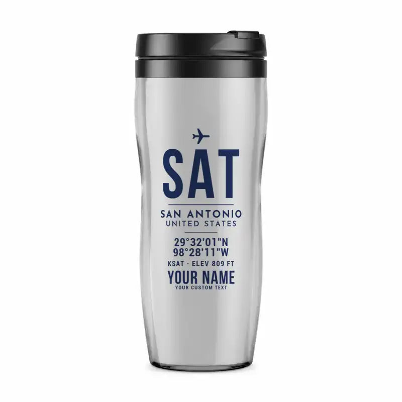 San Antonio International Airport (SAT) Travel Mugs - ID Tag + Name - Plastic (No Holder) - Light Gray