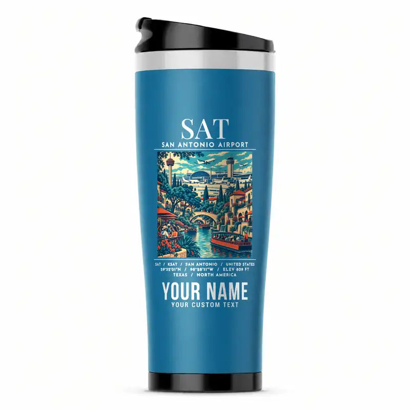 San Antonio International Airport (SAT) Travel Mugs - Poster + Name - Stainless Steel (No Holder) - Light Blue