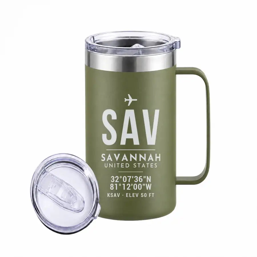 Savannah-Hilton Head International Airport (SAV) Stainless Steel Mugs - ID Tag - Stainless Steel Mug - 24 oz / 700ML - Army Green