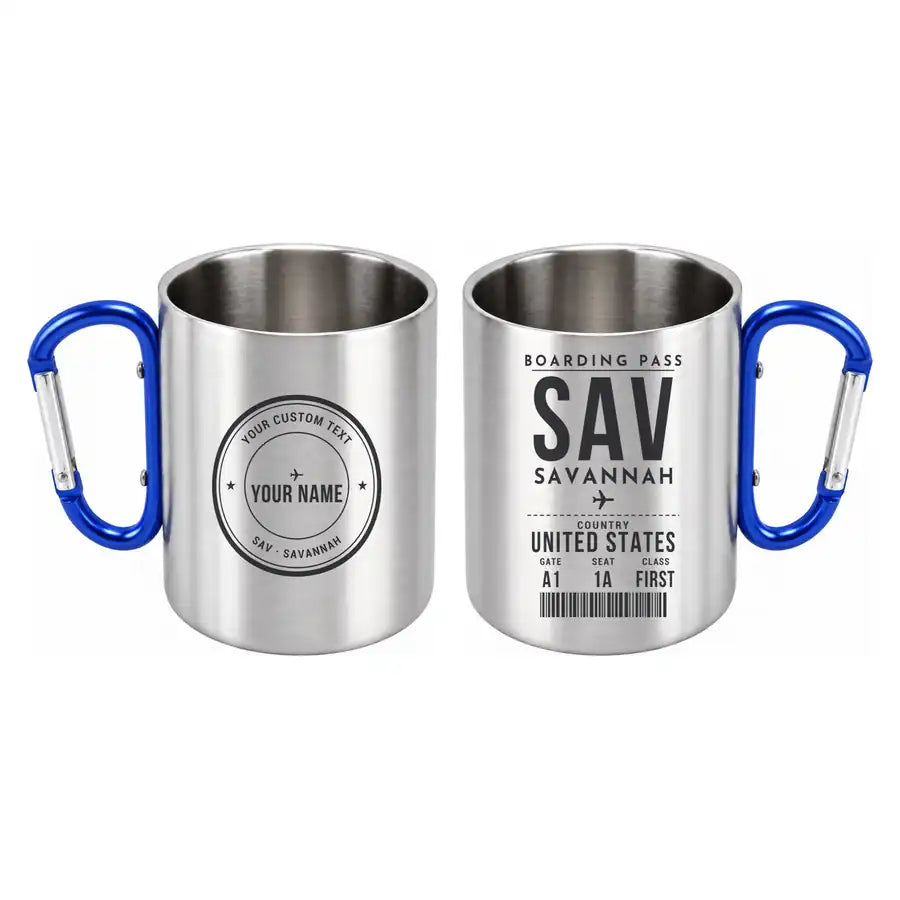 Savannah-Hilton Head International Airport (SAV) Stainless Steel Mugs - Boarding Pass + Custom Back - Outdoors Mug - Blue