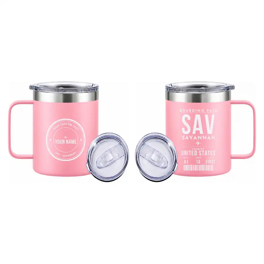 Savannah-Hilton Head International Airport (SAV) Stainless Steel Mugs - Boarding Pass + Custom Back - Stainless Steel Mug - 14 oz / 400ML - Pink