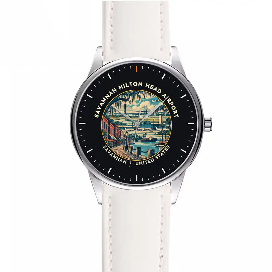 Savannah-Hilton Head International Airport (SAV) Aviator Watches - Badge - Leather Strap - White Leather Strap