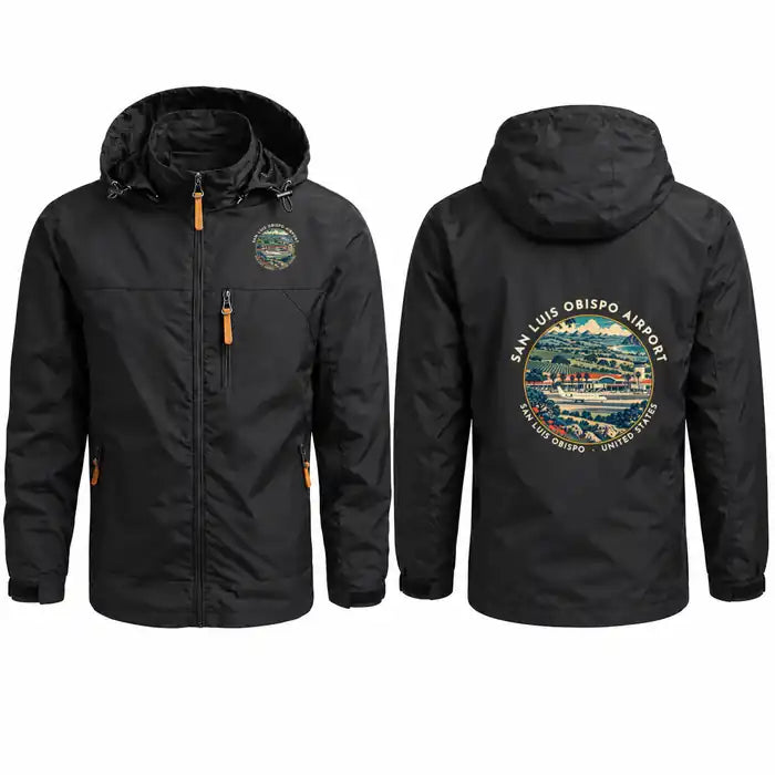 San Luis Obispo County Regional Airport (SBP) Stylish Jackets - Hooded Windbreaker - Badge - Black