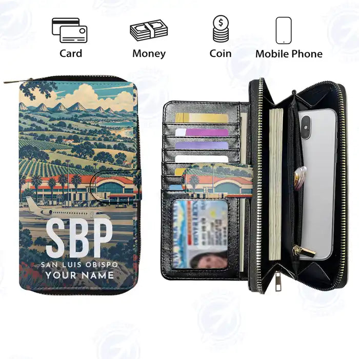 San Luis Obispo County Regional Airport (SBP) Leather Wallets - Zip Long Wallet - Scene + Name