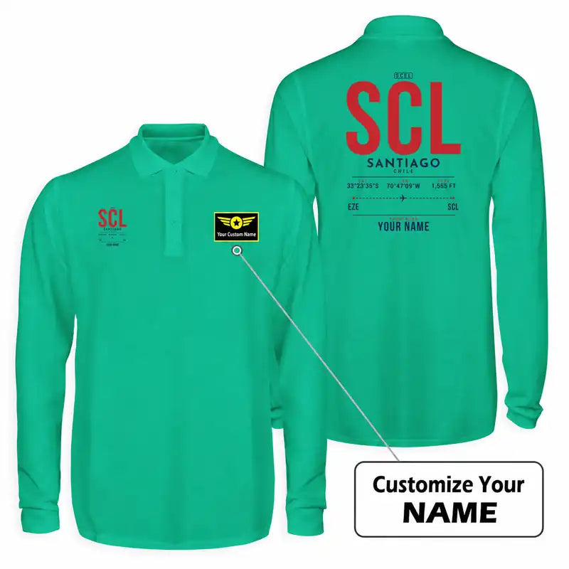 Santiago Arturo Merino Benitez International Airport (SCL) Premium Polo T-Shirts - Tag Custom - Long Sleeve - Green