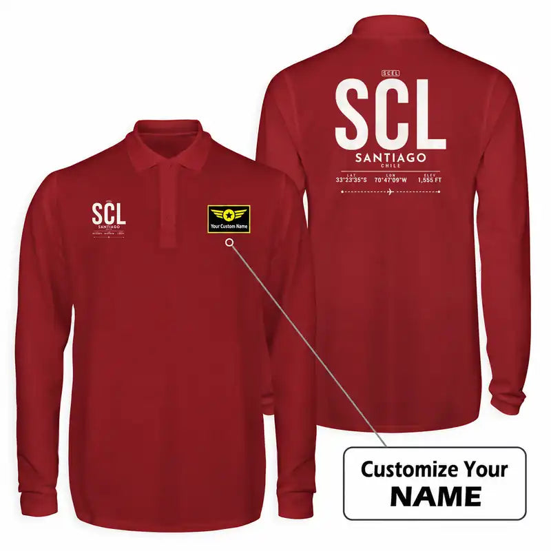 Santiago Arturo Merino Benitez International Airport (SCL) Premium Polo T-Shirts - Tag + Name - Long Sleeve - Dark Red