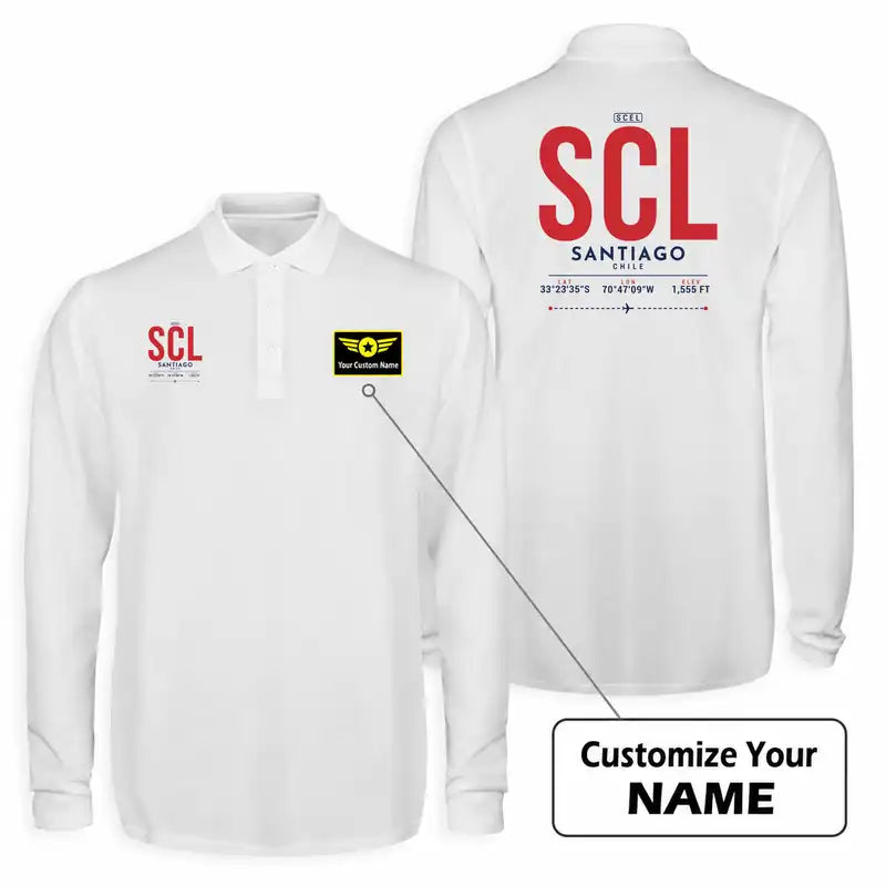Santiago Arturo Merino Benitez International Airport (SCL) Premium Polo T-Shirts - Tag + Name - Long Sleeve - White