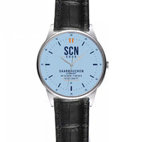 Thumbnail for Saarbrucken Airport (SCN) Aviator Watches - Classic - Light Blue - Leather Strap - Striped Black Leather Strap