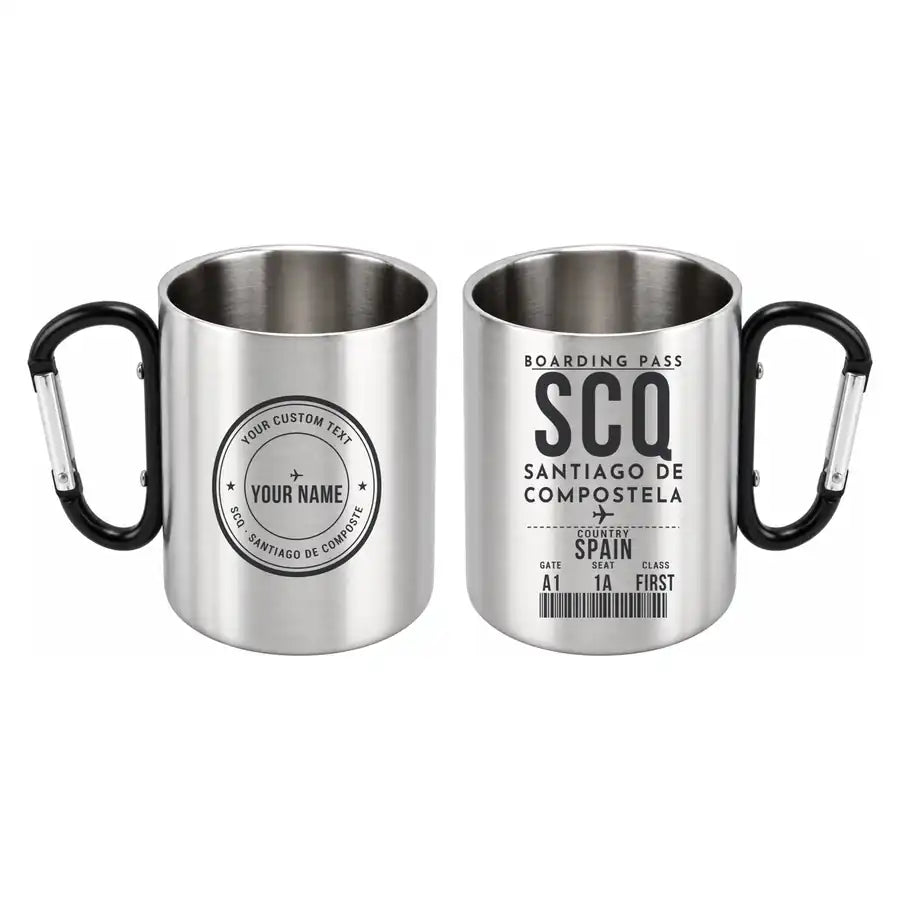 Santiago de Compostela Airport (SCQ) Stainless Steel Mugs - Boarding Pass + Custom Back - Outdoors Mug - Black