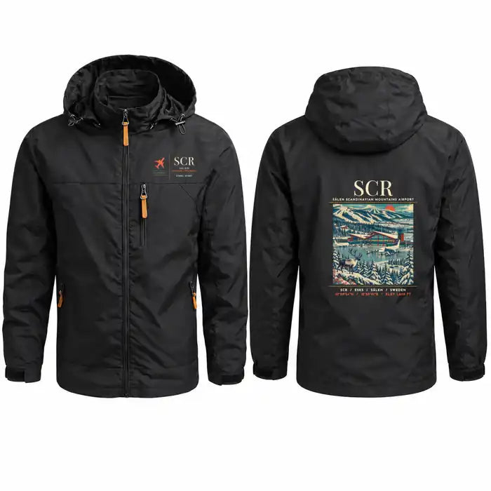 Sälen Scandinavian Mountains Airport (SCR) Stylish Jackets - Hooded Windbreaker - Poster - Black