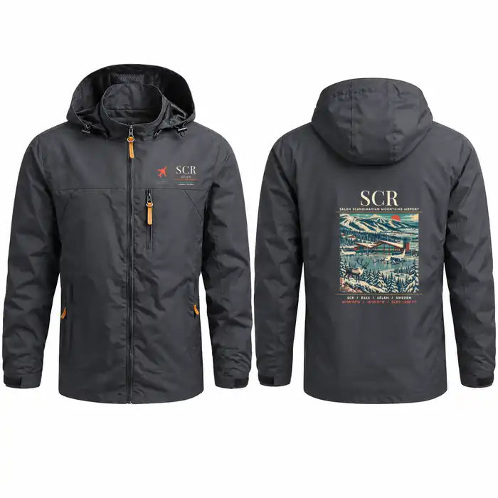 Sälen Scandinavian Mountains Airport (SCR) Stylish Jackets - Hooded Windbreaker - Poster - Charcoal