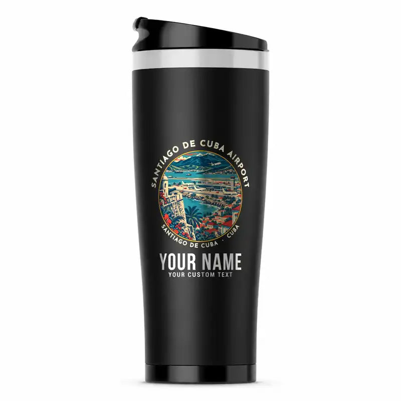 Antonio Maceo Airport (SCU) Travel Mugs - Badge + Name - Stainless Steel (No Holder) - Black