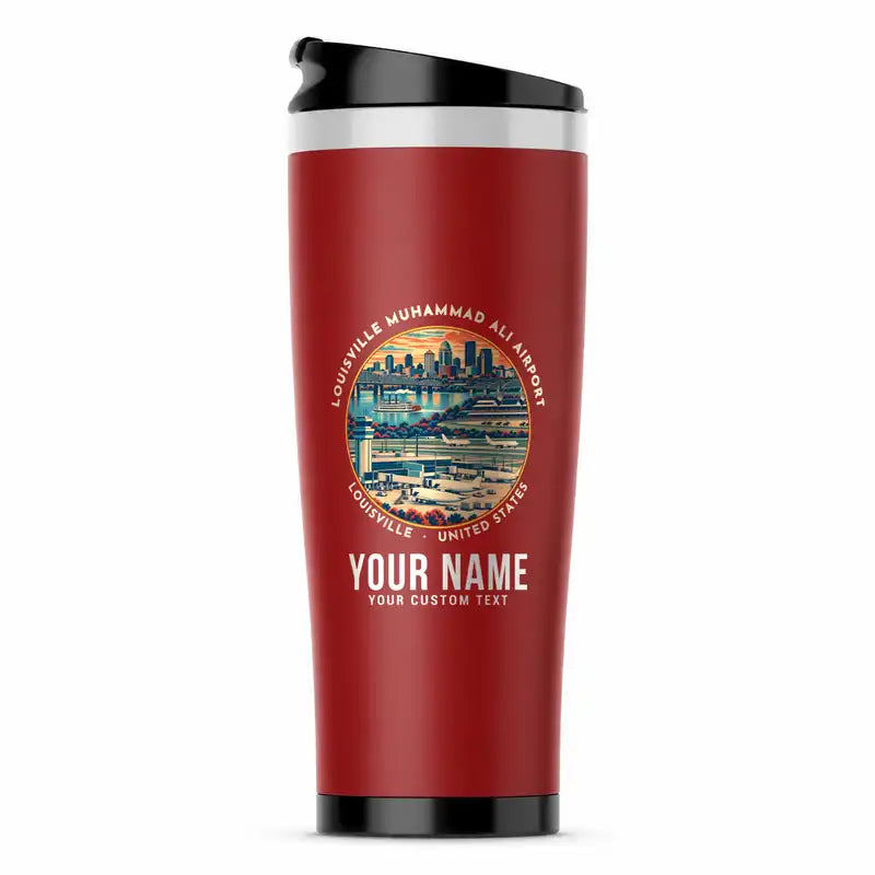 Louisville Muhammad Ali International Airport (SDF) Travel Mugs - Badge + Name - Stainless Steel (No Holder) - Red