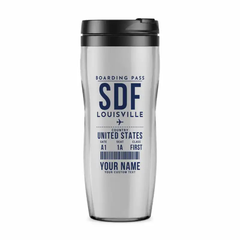 Louisville Muhammad Ali International Airport (SDF) Travel Mugs - Boarding Pass + Name - Plastic (No Holder) - Light Gray