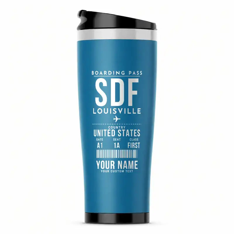 Louisville Muhammad Ali International Airport (SDF) Travel Mugs - Boarding Pass + Name - Stainless Steel (No Holder) - Light Blue