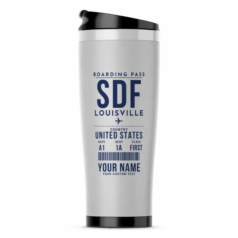 Louisville Muhammad Ali International Airport (SDF) Travel Mugs - Boarding Pass + Name - Stainless Steel (No Holder) - Light Gray