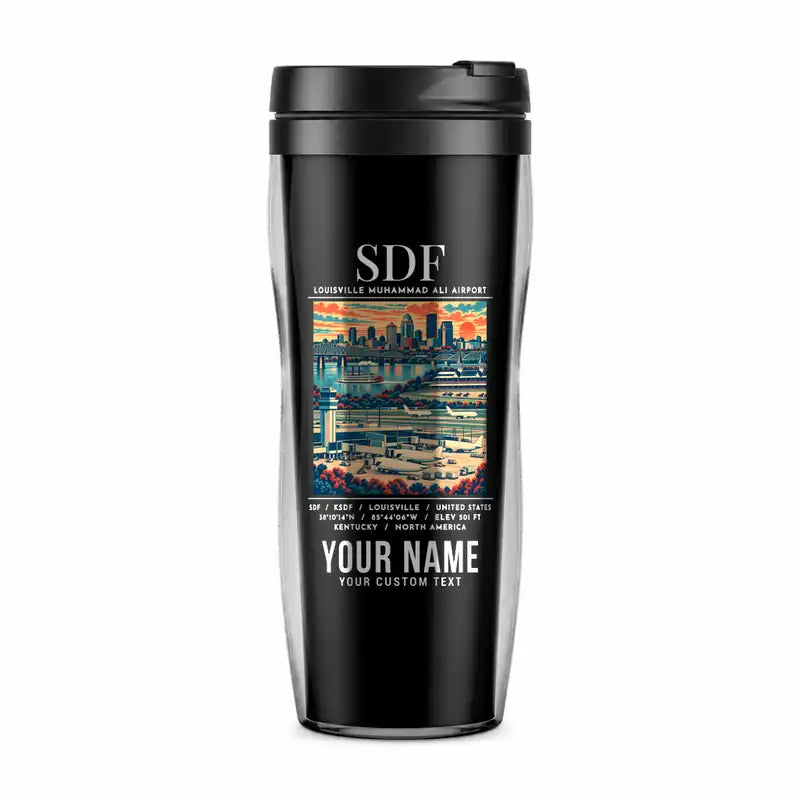 Louisville Muhammad Ali International Airport (SDF) Travel Mugs - Poster + Name - Plastic (No Holder) - Black