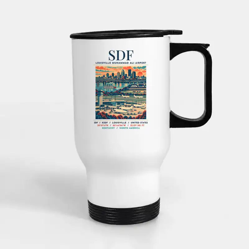 Louisville Muhammad Ali International Airport (SDF) Travel Mugs - Poster - Stainless Steel with Holder - White