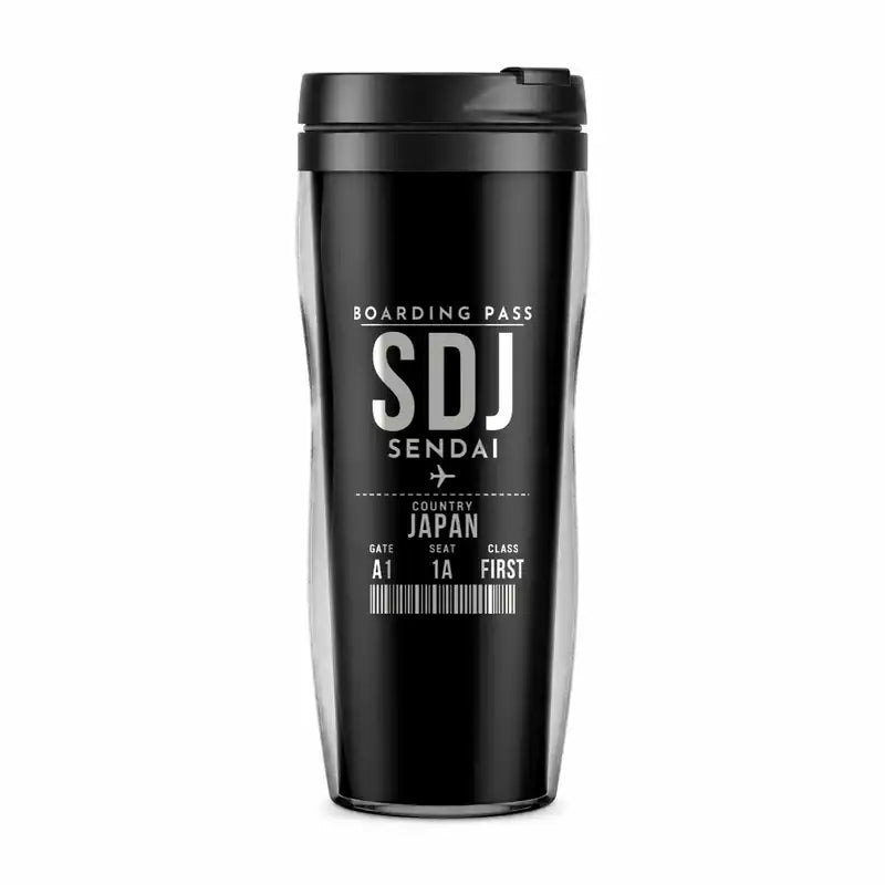Sendai Airport (SDJ) Travel Mugs - Boarding Pass - Plastic (No Holder) - Black