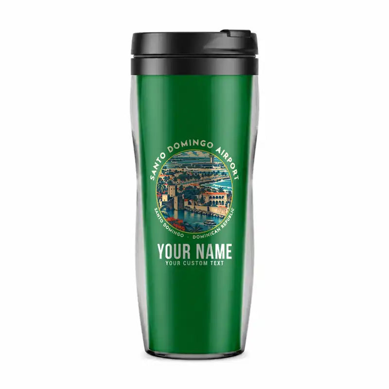 Las Americas International Airport (SDQ) Travel Mugs - Badge + Name - Plastic (No Holder) - Green
