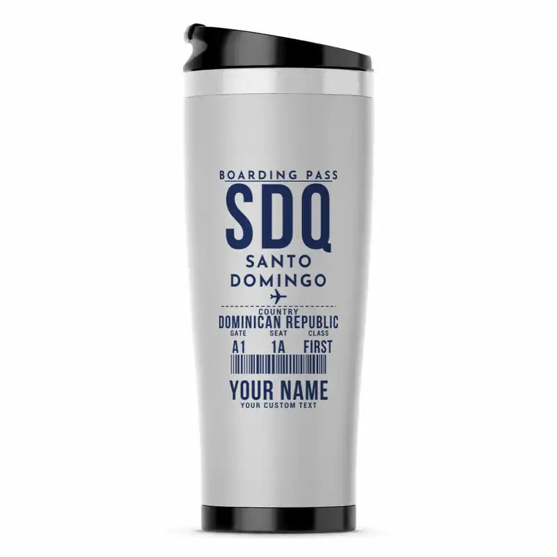 Las Americas International Airport (SDQ) Travel Mugs - Boarding Pass + Name - Stainless Steel (No Holder) - Light Gray