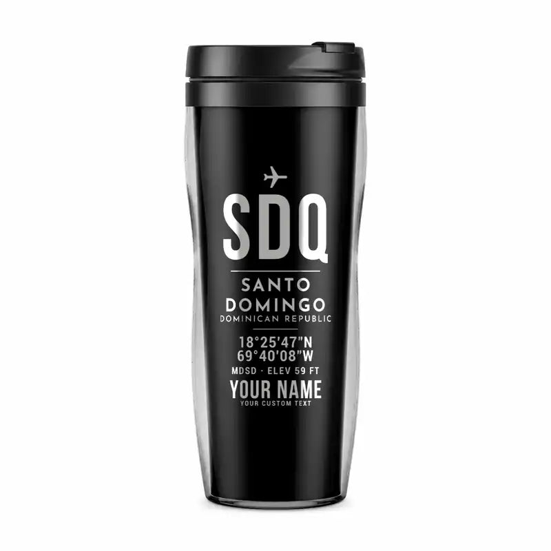 Las Americas International Airport (SDQ) Travel Mugs - ID Tag + Name - Plastic (No Holder) - Black