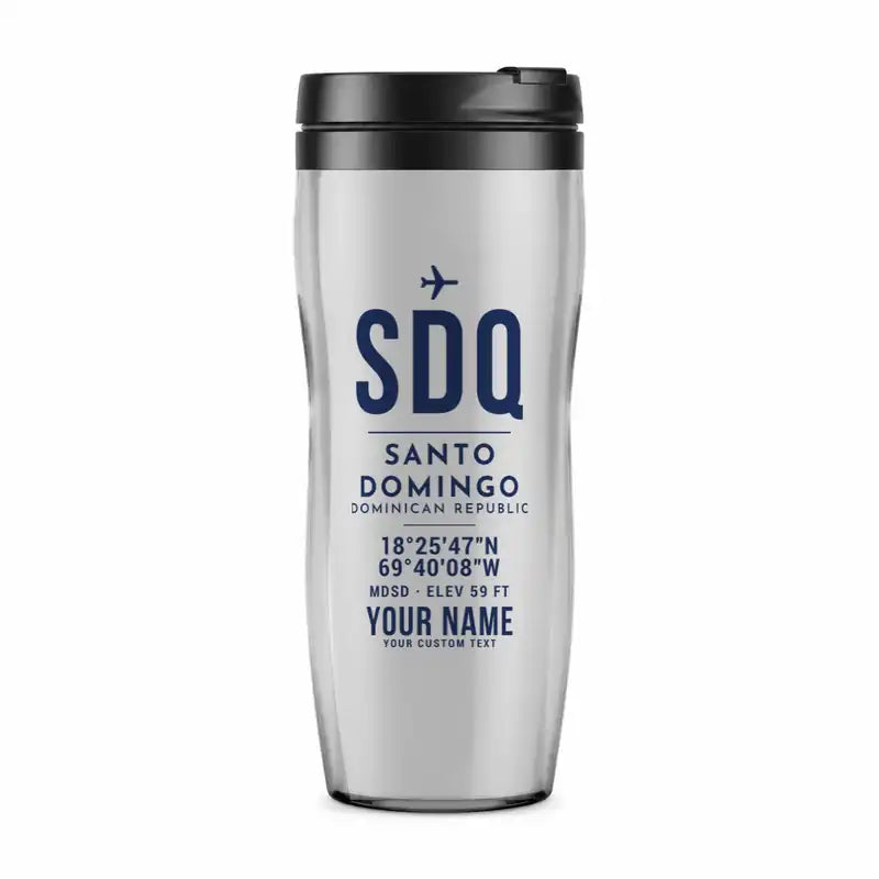 Las Americas International Airport (SDQ) Travel Mugs - ID Tag + Name - Plastic (No Holder) - Light Gray
