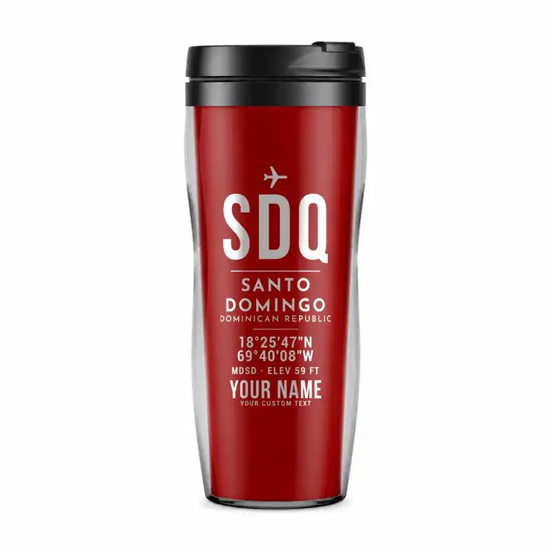 Las Americas International Airport (SDQ) Travel Mugs - ID Tag + Name - Plastic (No Holder) - Red