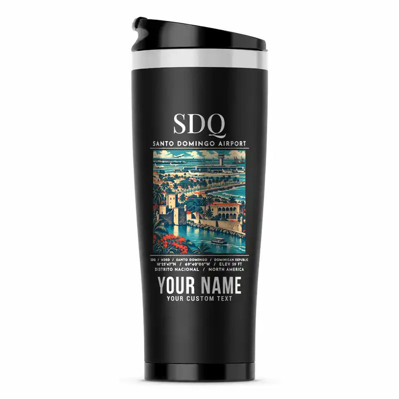 Las Americas International Airport (SDQ) Travel Mugs - Poster + Name - Stainless Steel (No Holder) - Black