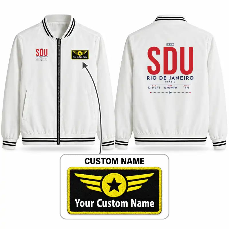 Santos Dumont Airport (SDU) Stylish Jackets - Baseball Collar - Tag + Name - White