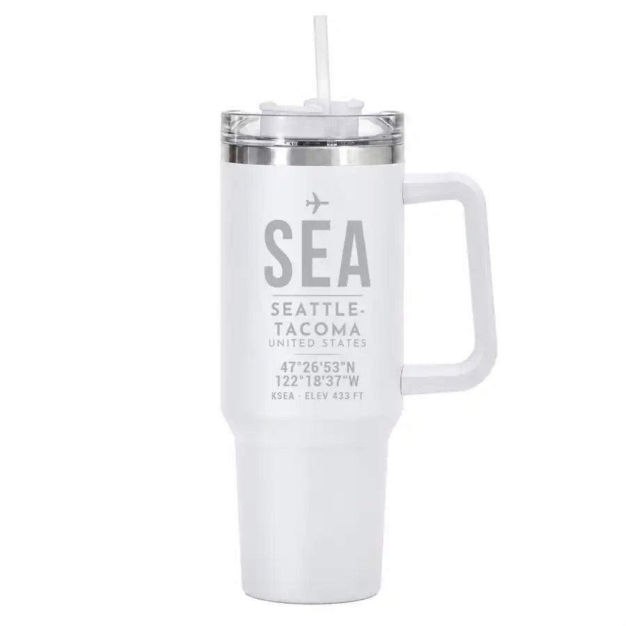 Seattle-Tacoma International Airport (SEA) Stainless Steel Mugs - ID Tag - 40oz Car Mug - White