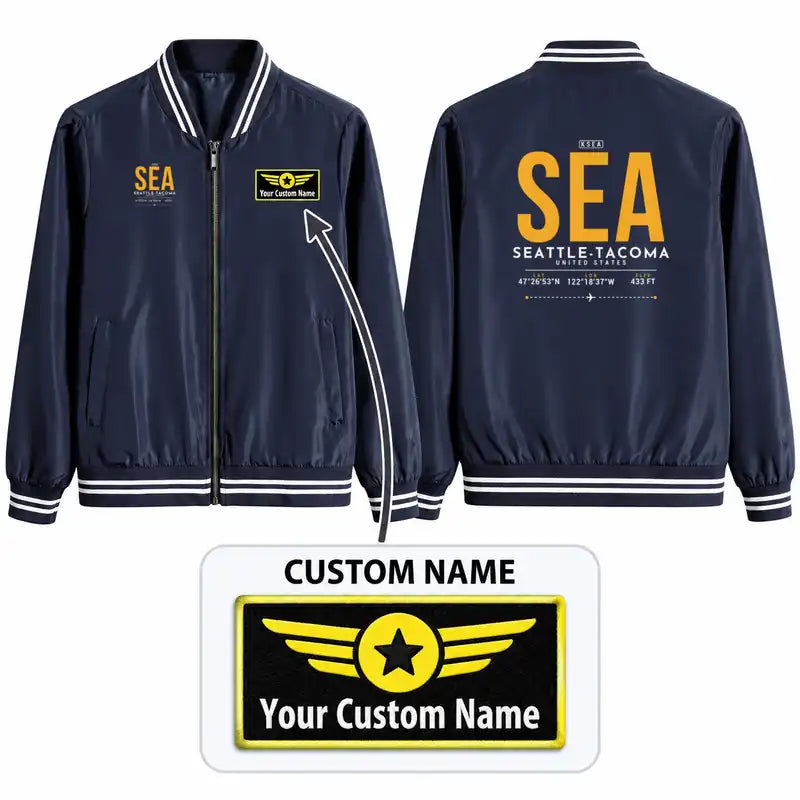 Seattle-Tacoma International Airport (SEA) Stylish Jackets - Baseball Collar - Tag + Name - Navy Blue