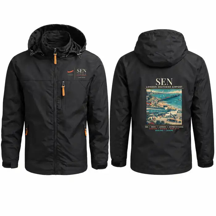 London Southend Airport (SEN) Stylish Jackets - Hooded Windbreaker - Poster - Black