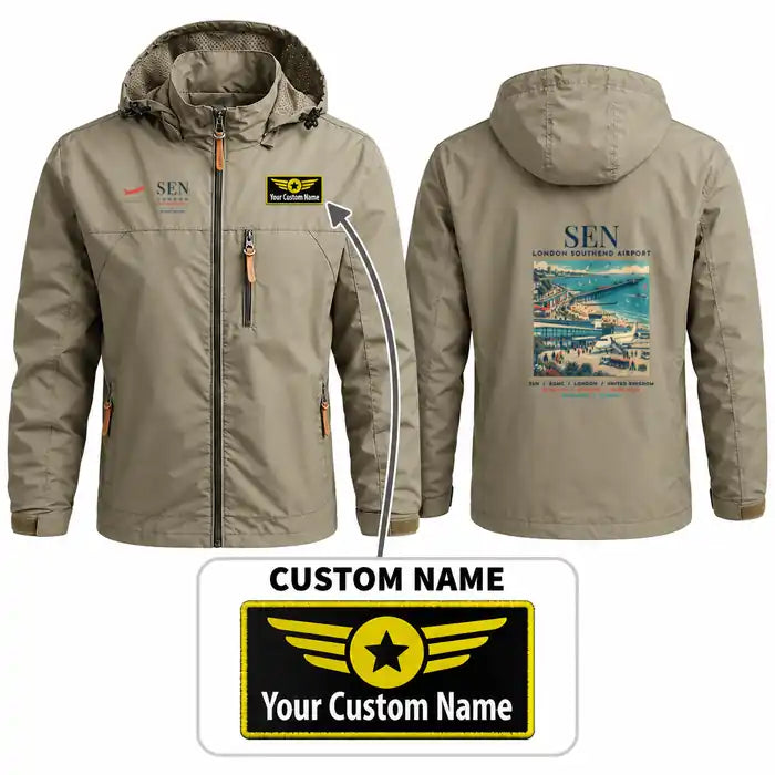 London Southend Airport (SEN) Stylish Jackets - Hooded Windbreaker - Poster + Name - Khaki