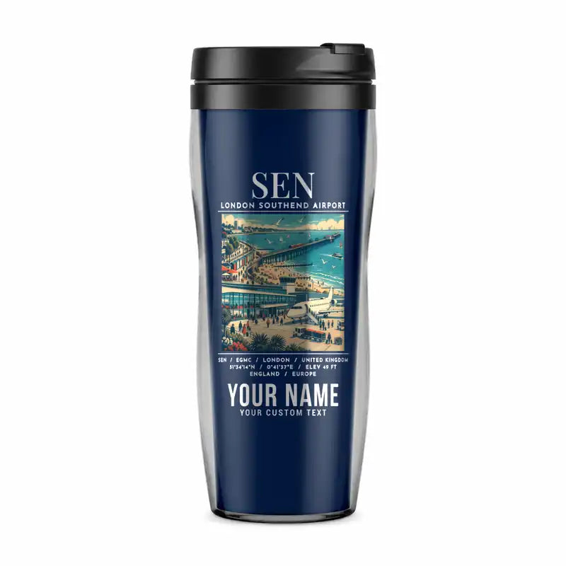 London Southend Airport (SEN) Travel Mugs - Poster + Name - Plastic (No Holder) - Dark Blue